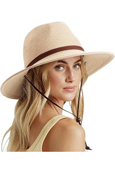 STARSTAR Straw hat beige 57-58cm 10cm brim UV travel beach.