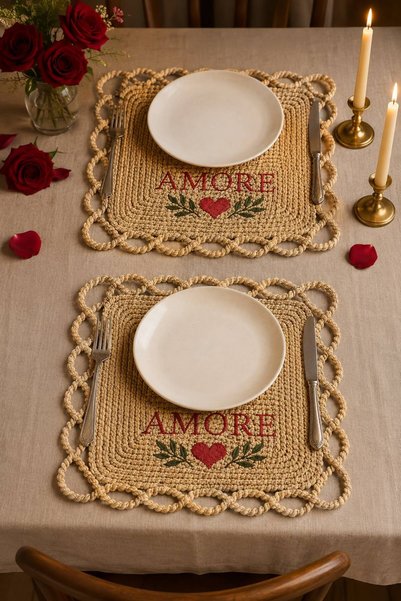 home inn Amore Embroidered Natural Wicker American Placemat Set of 2 – Valentine's Day Special