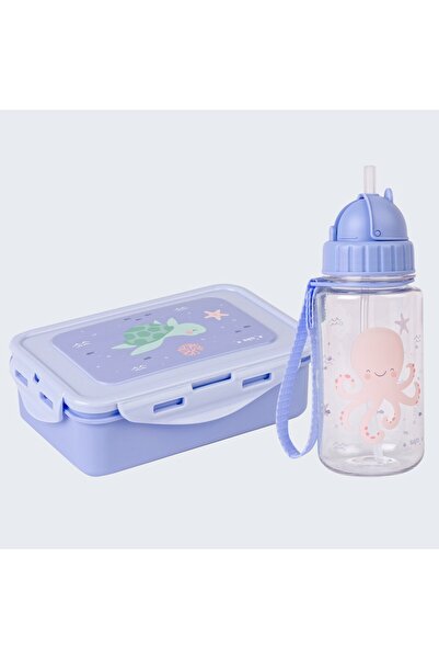 saro Water Bottle and Lunch Box Set - Ocean Life -Blue