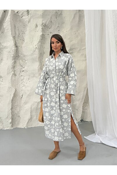 Hatun Atila Floral Jacquard Buttoned Belted Shirt Dress 9116 - Anthracite