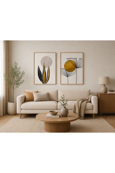 RDEKOR Altın Botanik – Hardal Sarısı ve Siyah Modern Çiçek 2’li Set Dekoratif...