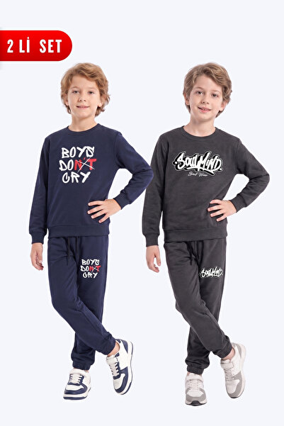 FYK KİDS 2-Piece Boys' Printed Crew Neck Double Pocket Tracksuit Set