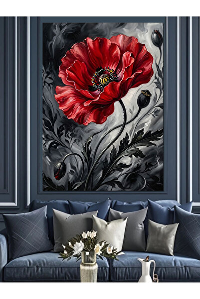 Artmeg Pânză decorativă cu mac roșu pe fundal negru - Masă din lemn MDF