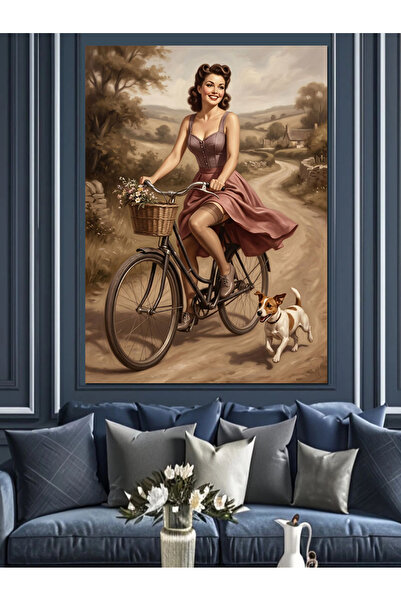 Artmeg Pin-Up Girl with Bicycle and Dog Decorative Canvas - Mdf Wood Painting