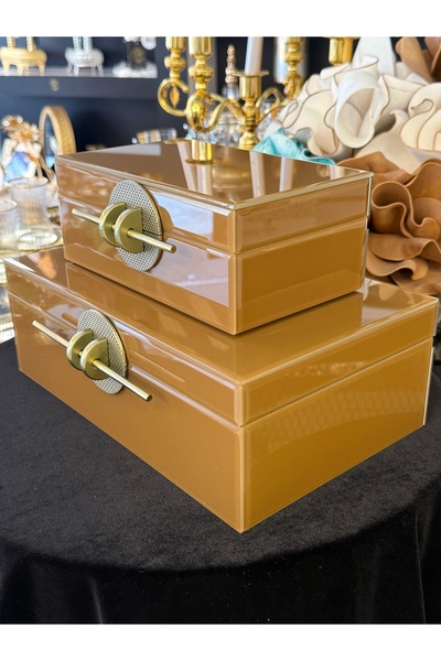LOKMAN ZÜCCACİYE SHOWROOM 2-Piece Brown Color Glass Decorative Box with Metal...