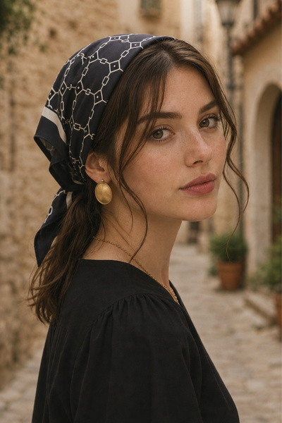 AFVENTE وشاح باندانا من الساتان الأسود بنمط شبكي 50×50 سم