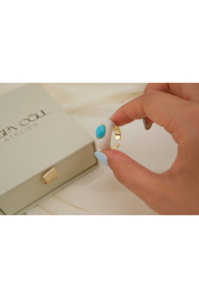 ATELİER TUĞBA Yzk660 White Bombed Adjustable Ring with Turquoise Stone