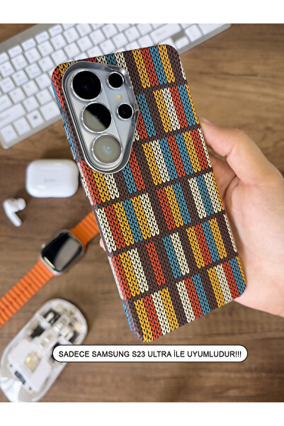 SC Soo Case Samsung S23 Ultra Kılıf Etnik Desenli Örgü Görünümlü Magsafe Uyum...