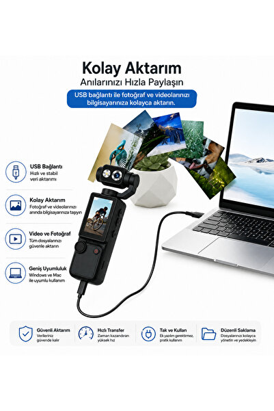AL-TECH BİLİŞİM 4K Aksiyon Kamerası 180° Döndürülebilir Lensli Ekranlı Cep Tipi Taşınabilir Video Kamera