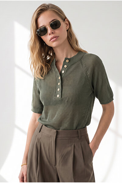 Olalook Women's Khaki Buttoned Mercerized Blouse Blz-19003445