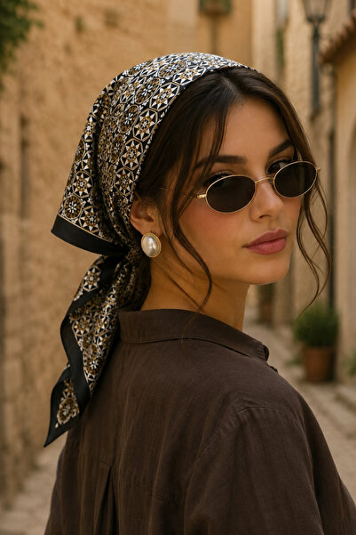 AFVENTE Mosaic Pattern Black Satin Bandana Scarf 50×50 cm