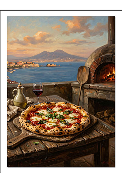 Artmeg Pânză decorativă cu pizza delicioasă cu vedere la mare - Masă din lemn...