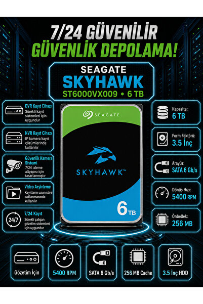 DİSK BANK 6 TB SKYHAWK 3.5 İnç ST6000VX009 Kamera, DVR ve NVR Kayıt Sistemi D...
