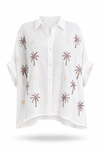 5in1Canpolat Ecru Beaded Oversize Shirt 39647