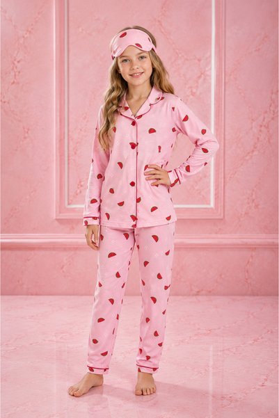 Enie Girl's Cotton Watermelon Patterned Long Sleeve Pajama Set + Eye Patch