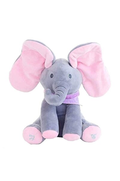 OEM Elefant de pluș interactiv, cântă și își mișcă urechile, jucărie Peek a Boo