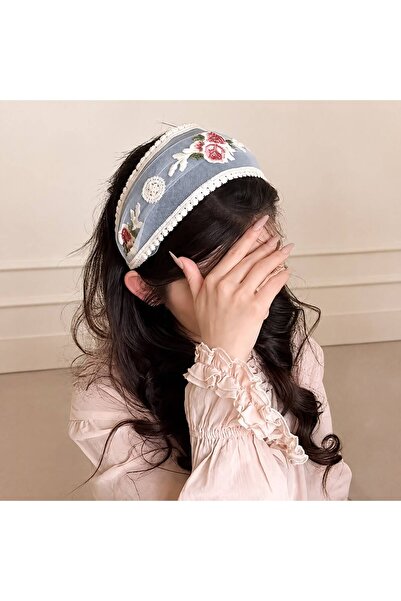 EMKSHOP ربطة شعر عريضة مطرزة بالزهور بتصميم عتيق وأنيق