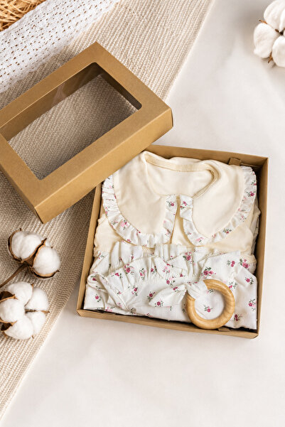 İZYALİF BABY Baby Girl 3-Piece Romper Set Floral Patterned Romper Hat Wooden ...