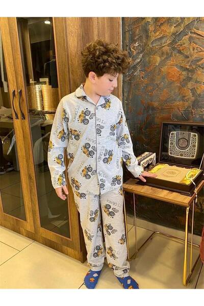 LUFFY KİDS Boy's Patterned Front Buttoned Long Sleeve Pajama Set 9048