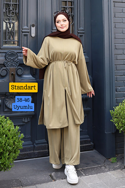 Mogi Butik Women's Cupra Pique Fabric Lace-Up Long Tunic Hijab Set 3221 Oliv