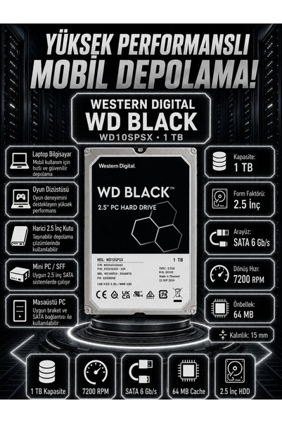 DİSK BANK 1 TB BLACK 2.5 İnç WD10SPSX Laptop Diski Siyah