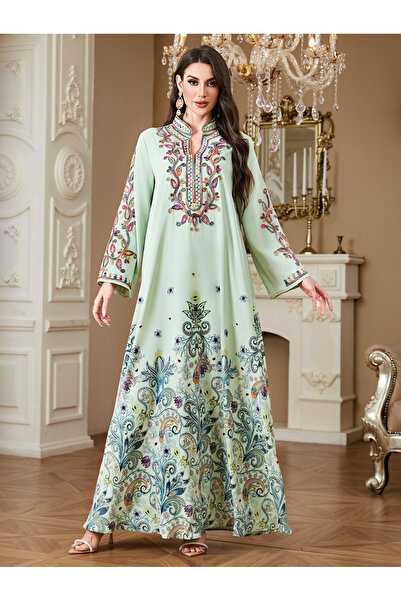 Take Two By Styli Green Long Sleeves Embroidered Maxi Jalabiya