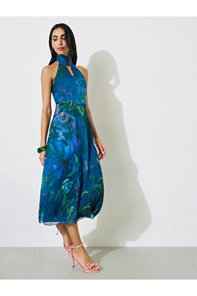 Styli Blue Floral Print Halter Neck Sheath Midi Dress