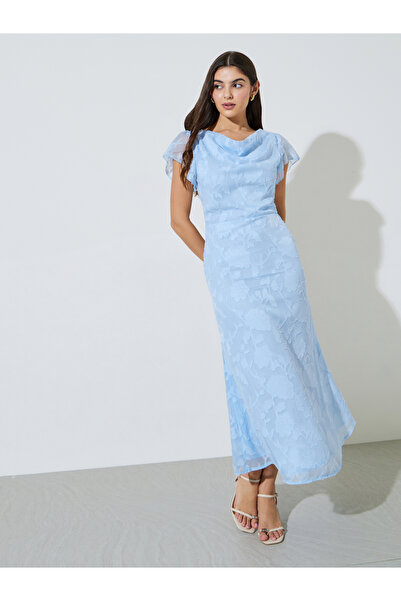 Styli Blue Textured Cowl Neck A-Line Maxi Dress