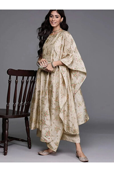 Libas By Styli Grey Printed Silk Blend A-Line Kurta, Palazzos and Dupatta Set