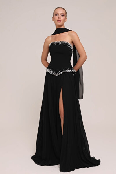 ŞEREF VURAL Women's Strapless Pearl Embellished Wide Size Range Long Evening ...