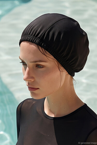 Haliç Mayo Women's Thermal Sea Pool Flexible Lycra Cloth Cap 01 Black