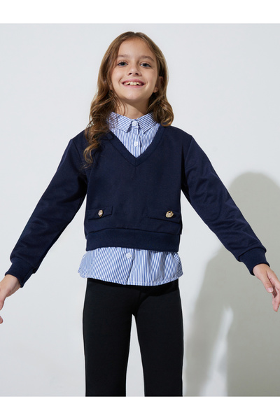 Styli Girls Button Detail Sweatshirt with Mock Shirt Detail
