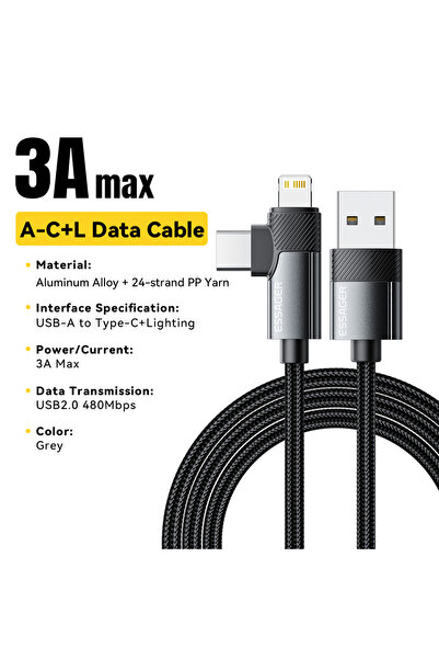 Choice1 ESSAGER 2m gray Essager PD 2 in 1 USB A Cable 90 Degree Angle Type C/...