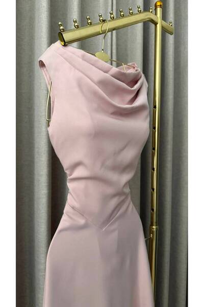 ELORA FASHION Pink Satin Long Dress with Draped Neckline