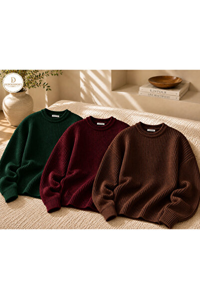 DepoExport Women's 3-Piece Crew Neck Oversize Knitwear Sweater Soft Knitted S...