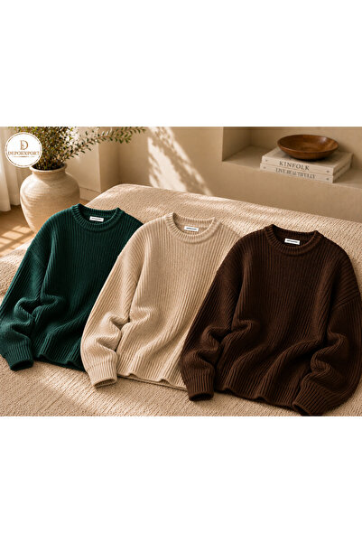 DepoExport Women's 3-Piece Crew Neck Oversize Knitwear Sweater Soft Knitted S...