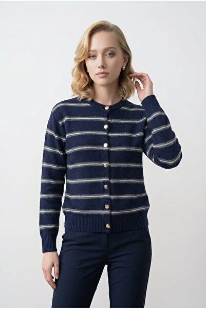 Gülçin Coşkun Crew Neck Gold Button Detailed Striped Trendy Basic Women's Kni...