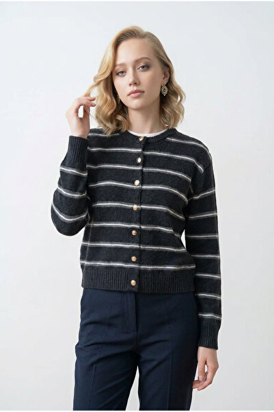 Gülçin Coşkun Cardigan tricotat pentru femei, cu guler rotund, cu nasturi aur...
