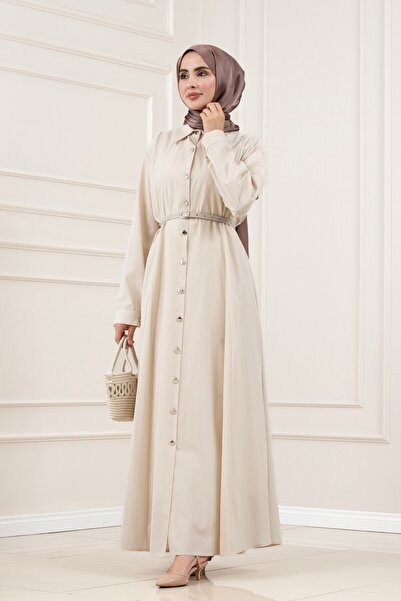 Sevitli Shirt Collar Belted Berra Dress-Beige
