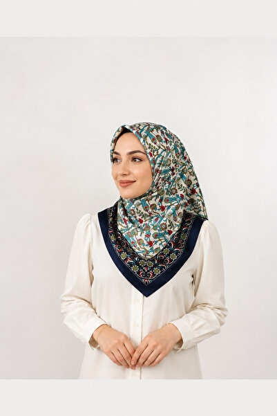 Fevora Patterned Square Shawl – Navy Blue Border Floral Patterned Women's Hij...