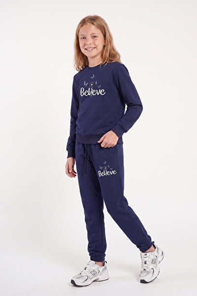 FYK KİDS Girl's Printed Crew Neck Double Pocket Tracksuit Set