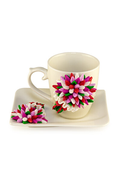 Yoobirim Box Set Ceașcă cu Farfurie Lalele Nuanțe Roz, Decorat Fimo YoobirimBox
