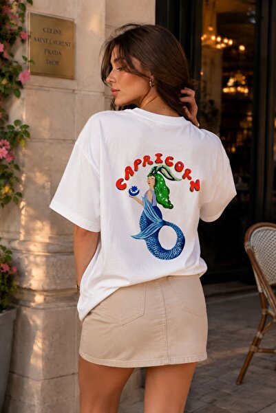 GIA - ART Women's Oversize T-Shirt Capricorn Printed White – Crew Neck, Comfo...