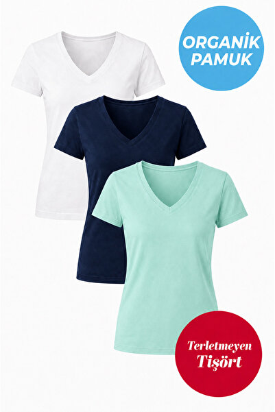 UNIQVIBE 3-Pack Organic Cotton Women's Short Sleeve V-Neck T-Shirt (White - N...