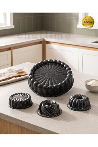 CHEFTİME Special 4 Parça Tart &3'lü Mini Döküm Kek Kalıbı Seti - Siyah
