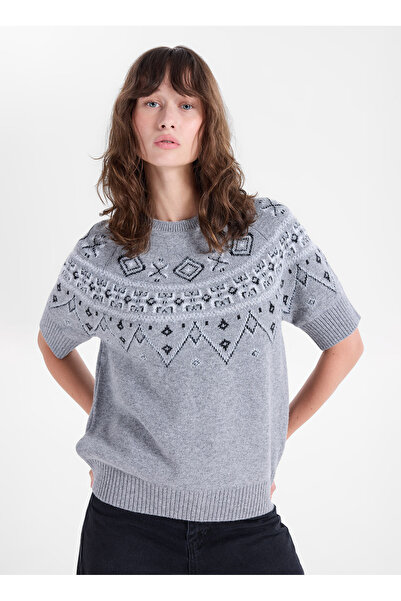 Fabrika Gri Kadın Bisiklet Yaka Regular Fit Desenli Triko T-ShirtF6WL-KZK0017