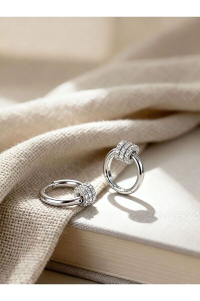 THE Steel Silver Color Zircon Stone Hoop Women's Earrings