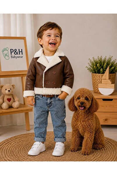 P&H BABYWEAR طقم شتوي أنيق للأطفال الأولاد مكون من 4 قطع مع معطف من الجلد الص...
