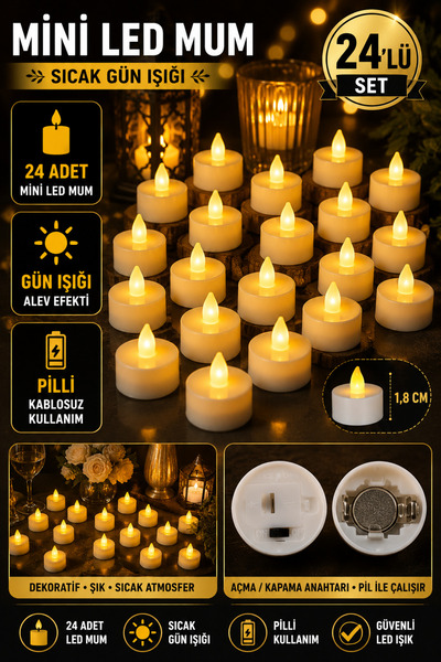 Hane Dostu 24 Adet Pilli LED Mini Mum Seti Gün Işığı Alev Efektli Dekoratif T...