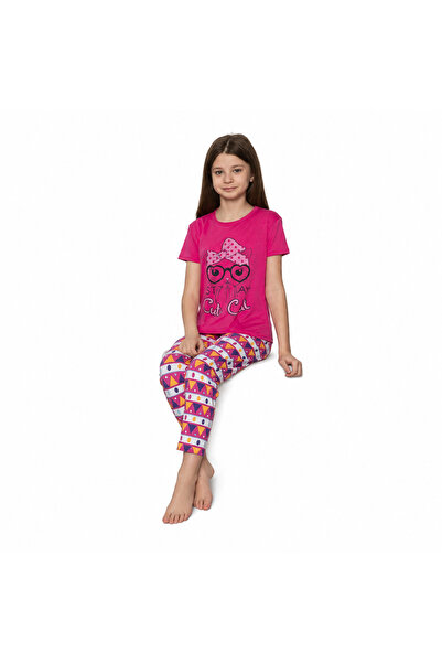 turkish Girl's Fuchsia Cat Print Pajama Set " and Colorful Geometric Pants